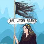 Grafik von Frau und Sprechblase mit Inhalt Jin Jiyan Azadi