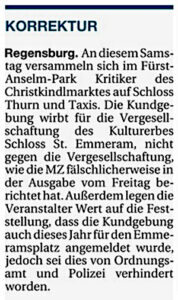 Ausschnitt aus Mittelbayerische Zeitung zur Korrektur eines Beitrags über den Weihnachtsprotest des Bündnisses Solidarische Stadt Regensburg
